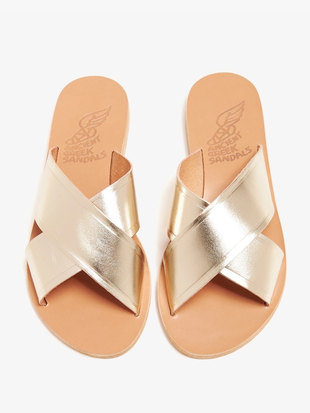 Ancient Greek Sandals Metallic Gold Leather Crisscross Slides